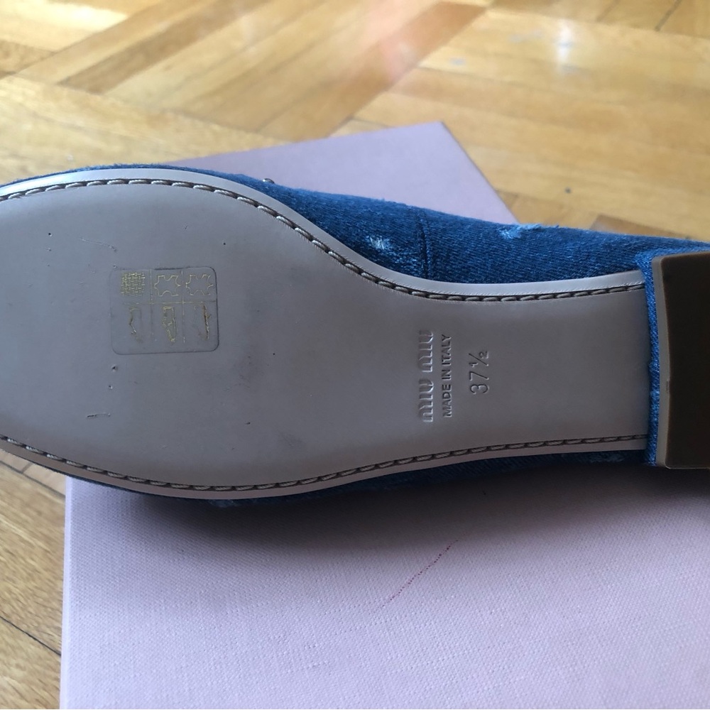 Miu Miu Navy Denim Pearl & Crystal Embellished Loafers - Picture 4 of 9